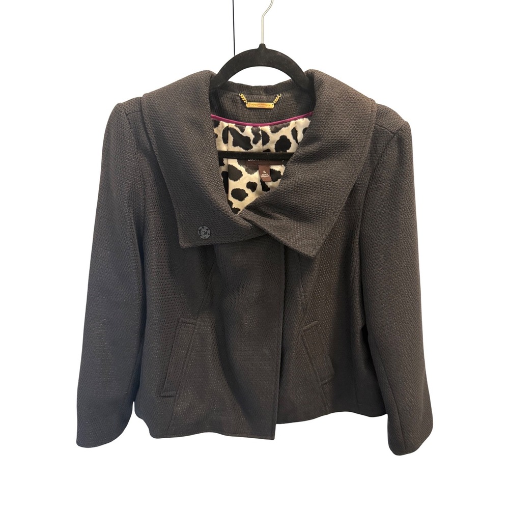 Dana Buchman Black Textured Snap Front Jacket‎ XL Leopard Print Lining Coat